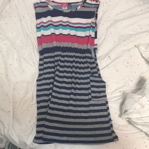 Blue, gray, pink, and white casual day dress.